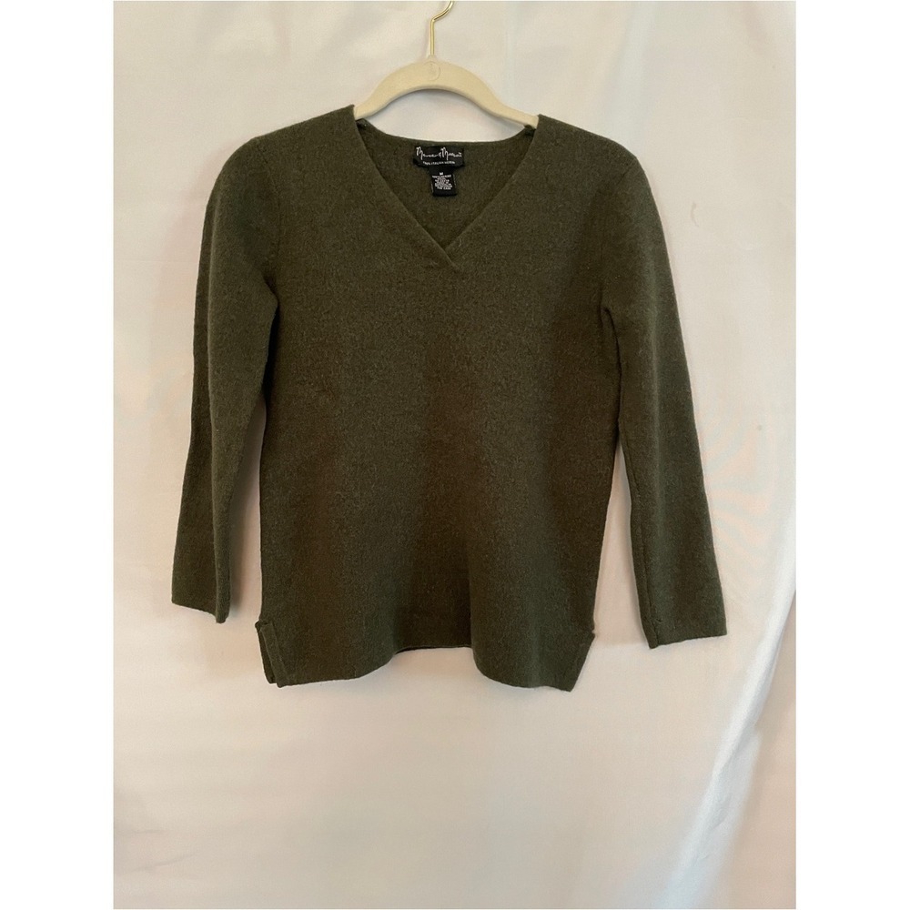 Mercer & Madison Dark Olive V-Neck Wool Sweater 100% Italian Merino M